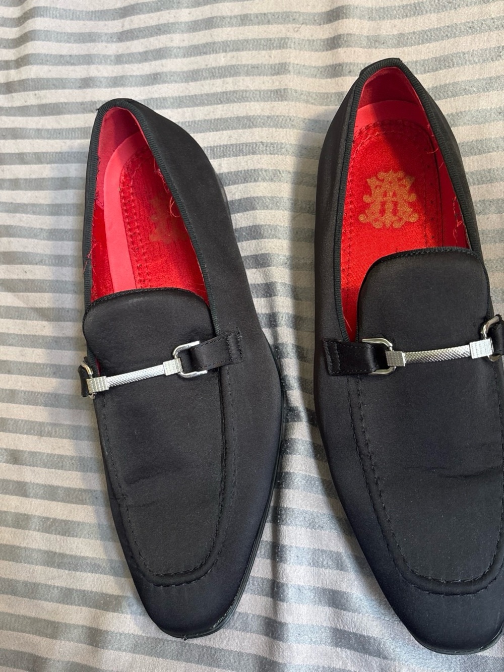 Men's Black Slip-On Loafers with Red Interior and Silver Bit